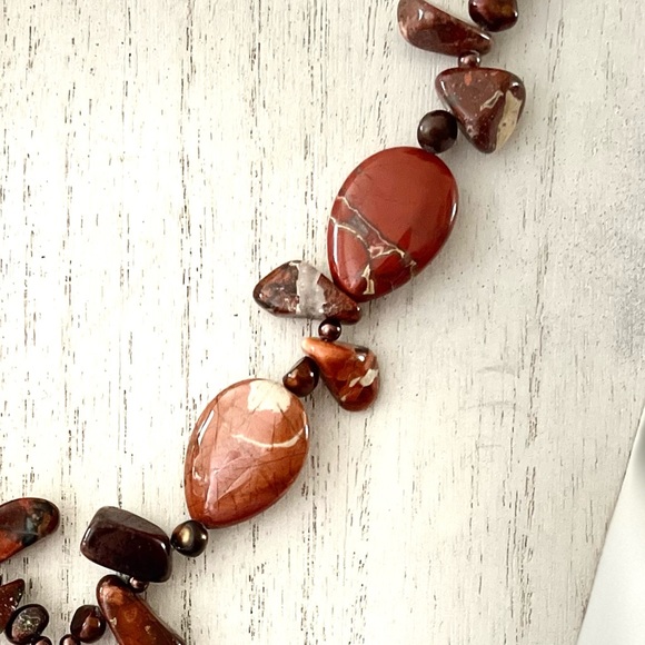 Red Jasper Necklace Natural Gemstones- AAA Nugget Bronze Color Freshwater Pearl - Picture 5 of 14
